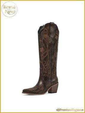Knee High Cowboy Boots Faux Leather Floral Embroidered Western Boots